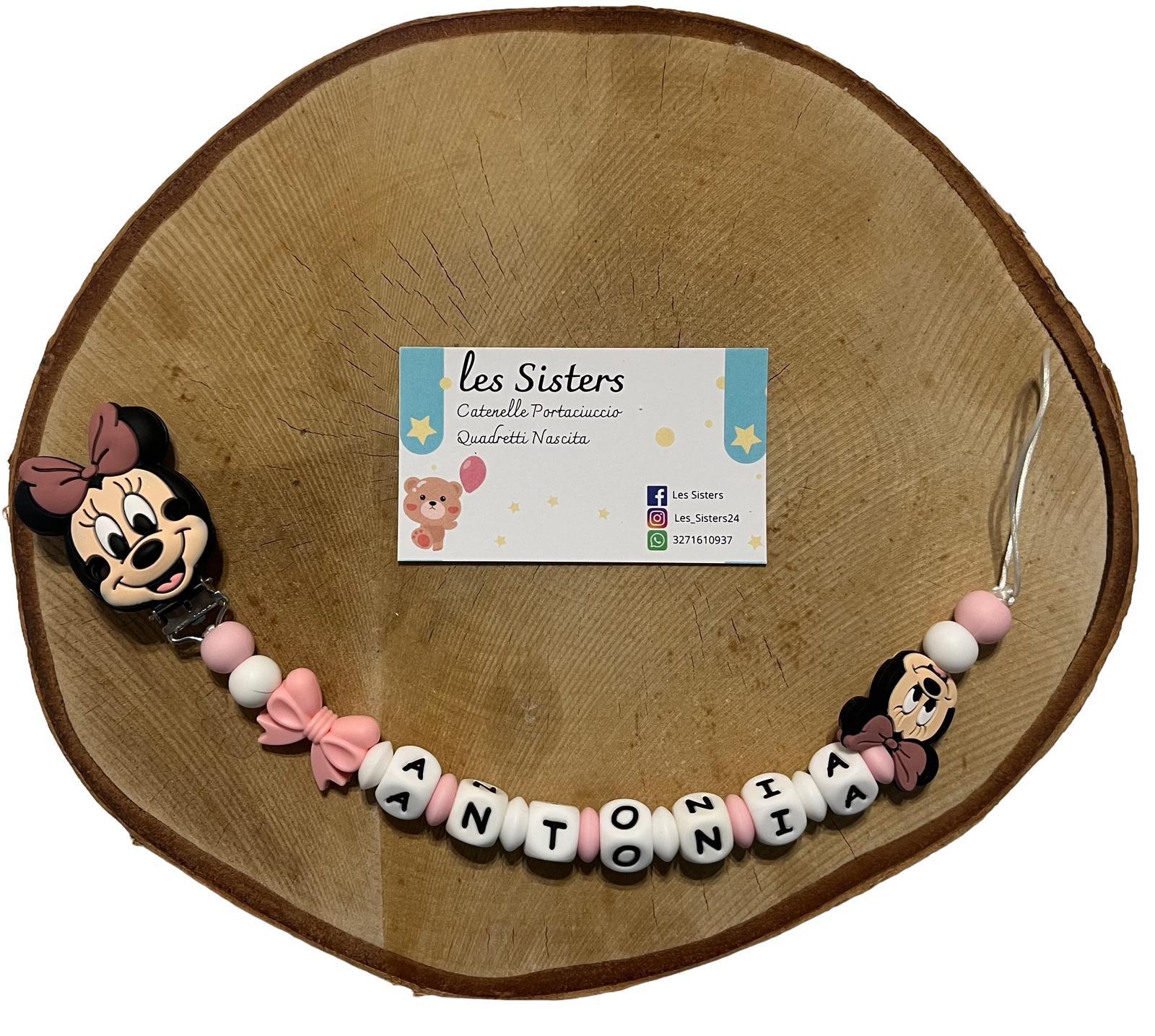 Portaciuccio Minnie, Catenella personalizzata, Portaciuccio con nome, Portaciuccio in silicone