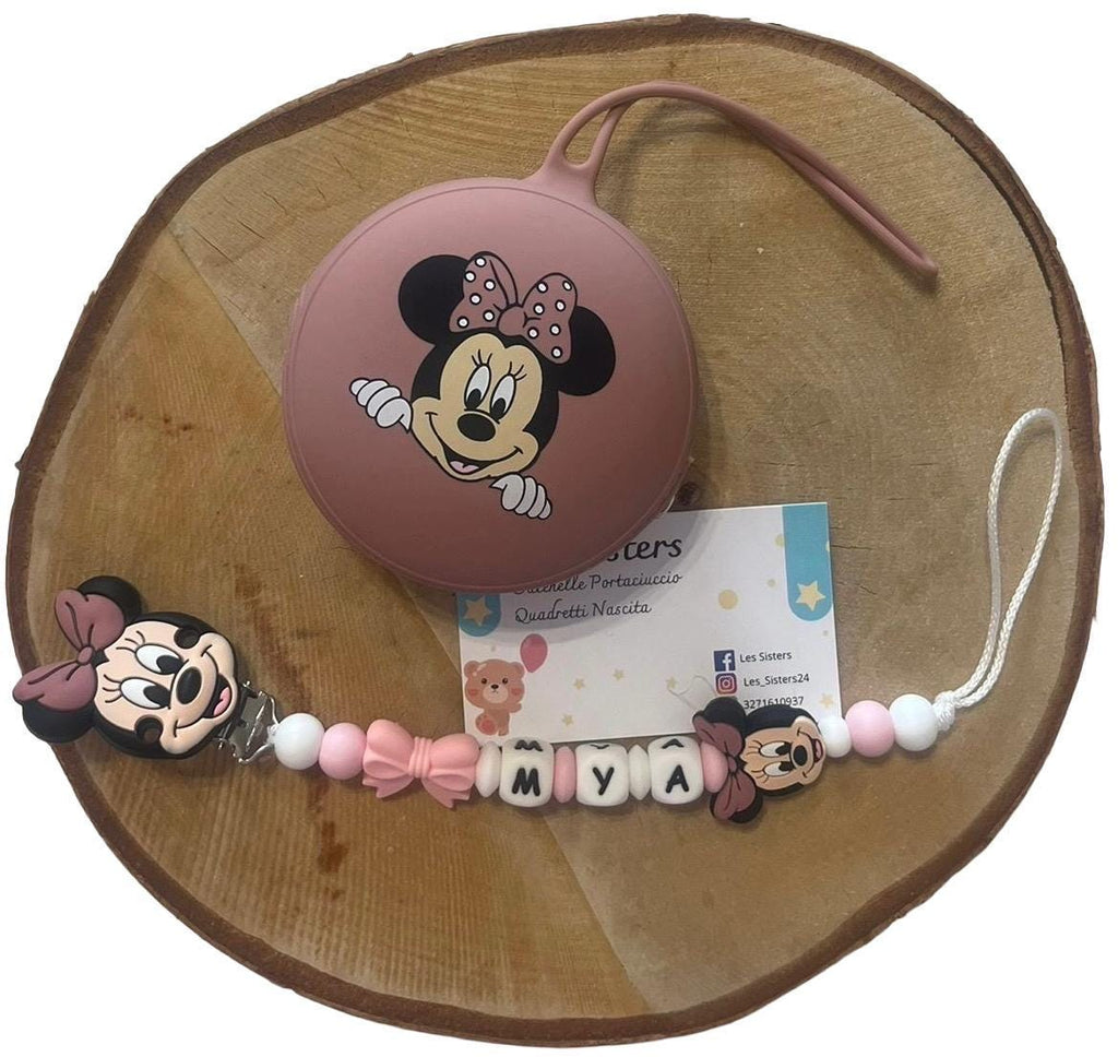 Portaciuccio Minnie, Catenella personalizzata, Portaciuccio con nome, Portaciuccio in silicone
