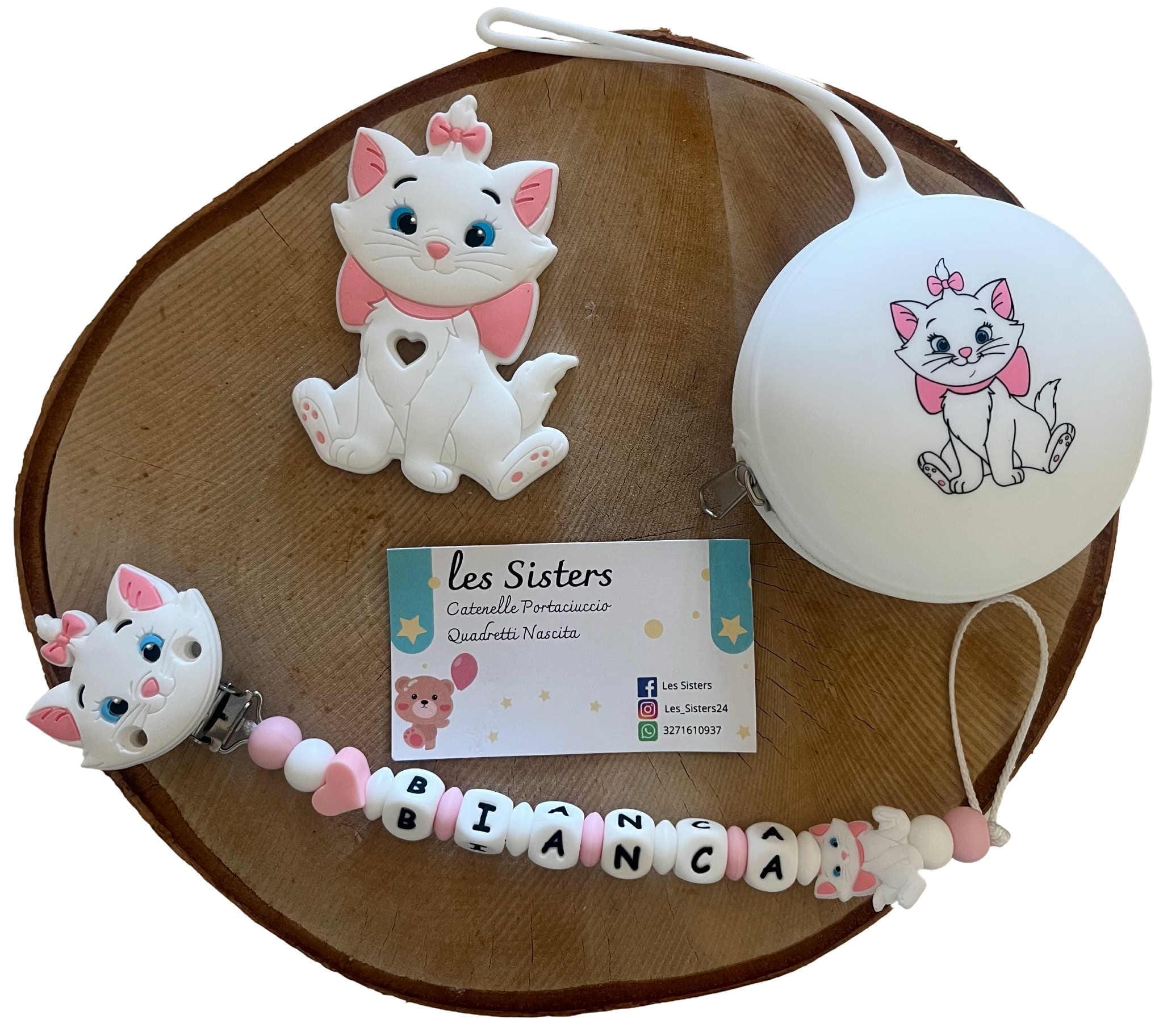 Portaciuccio Minou, Catenella personalizzata, Portaciuccio con nome, Portaciuccio in silicone