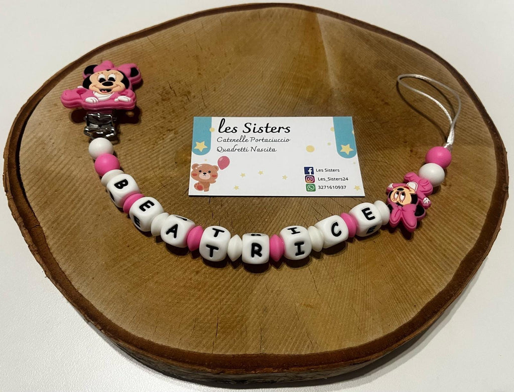 Portaciuccio Minnie, Catenella personalizzata, Portaciuccio con nome, Portaciuccio in silicone
