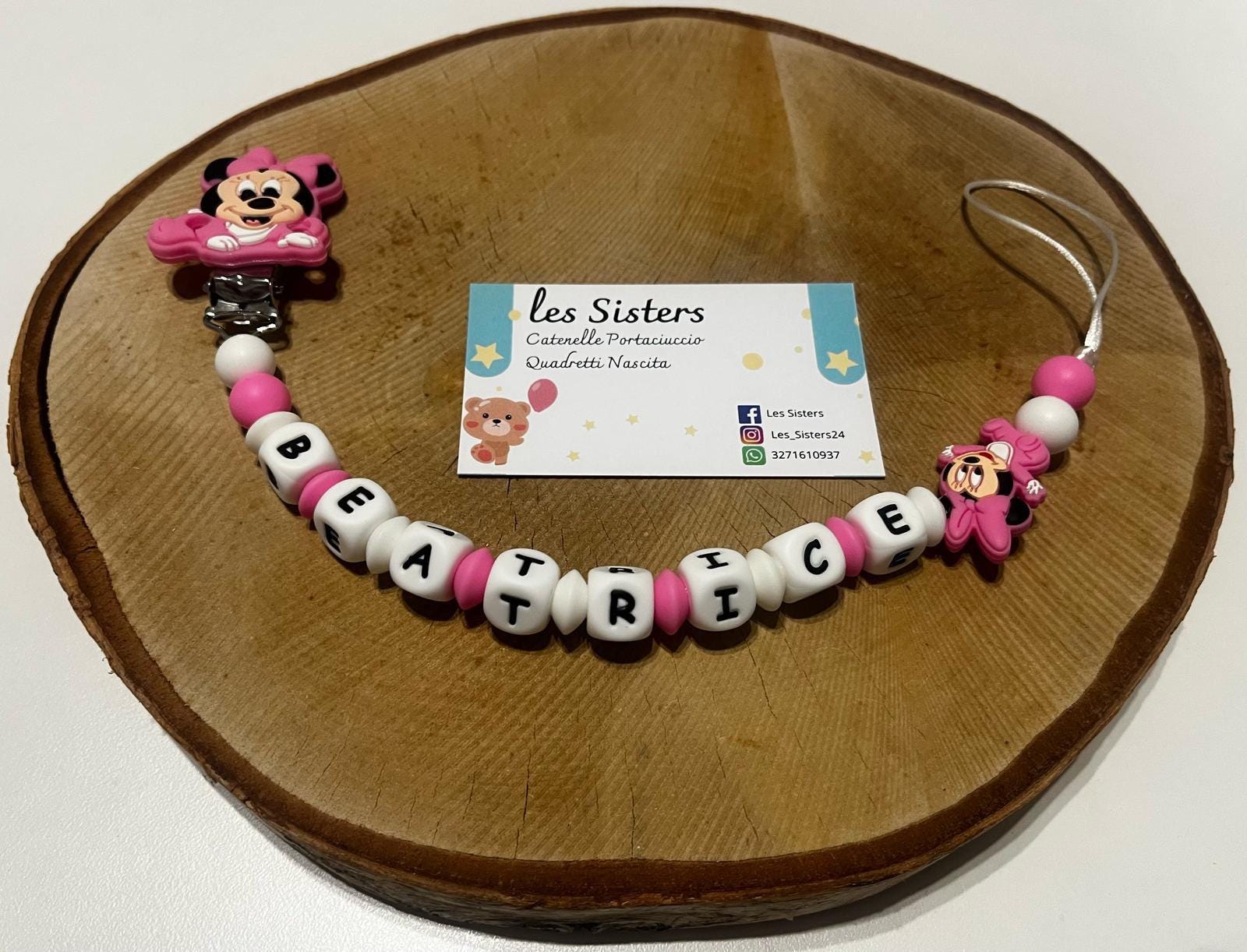 Portaciuccio Minnie, Catenella personalizzata, Portaciuccio con nome, Portaciuccio in silicone
