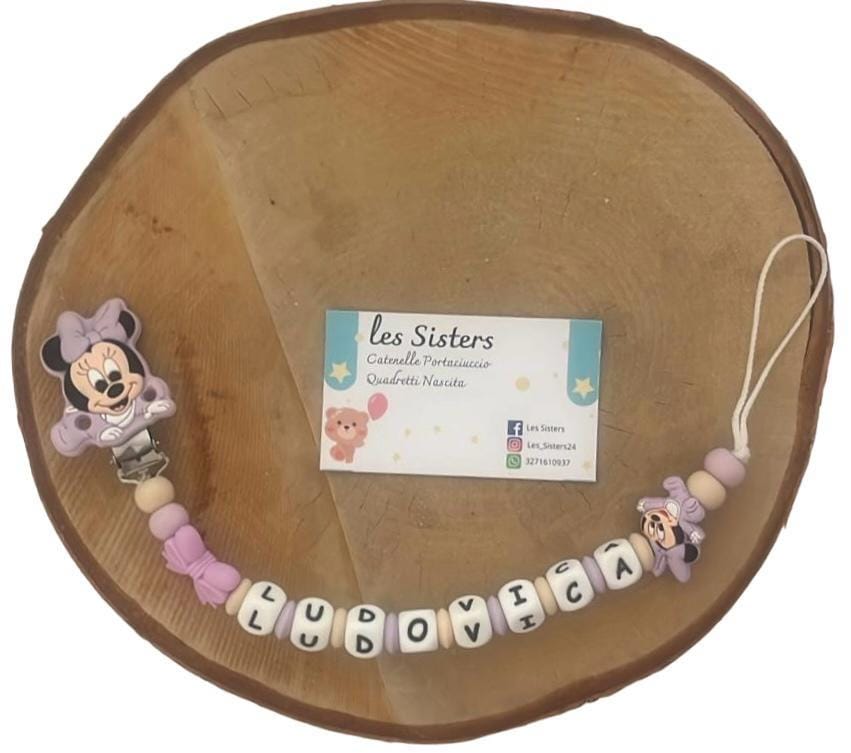 Portaciuccio Minnie, Catenella personalizzata, Portaciuccio con nome, Portaciuccio in silicone