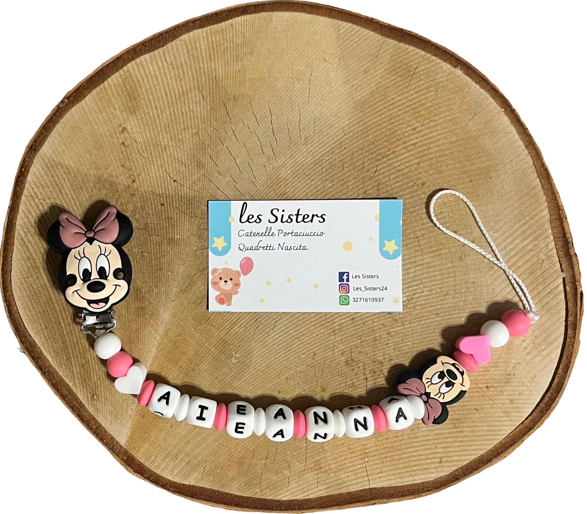 Portaciuccio Minnie, Catenella personalizzata, Portaciuccio con nome, Portaciuccio in silicone