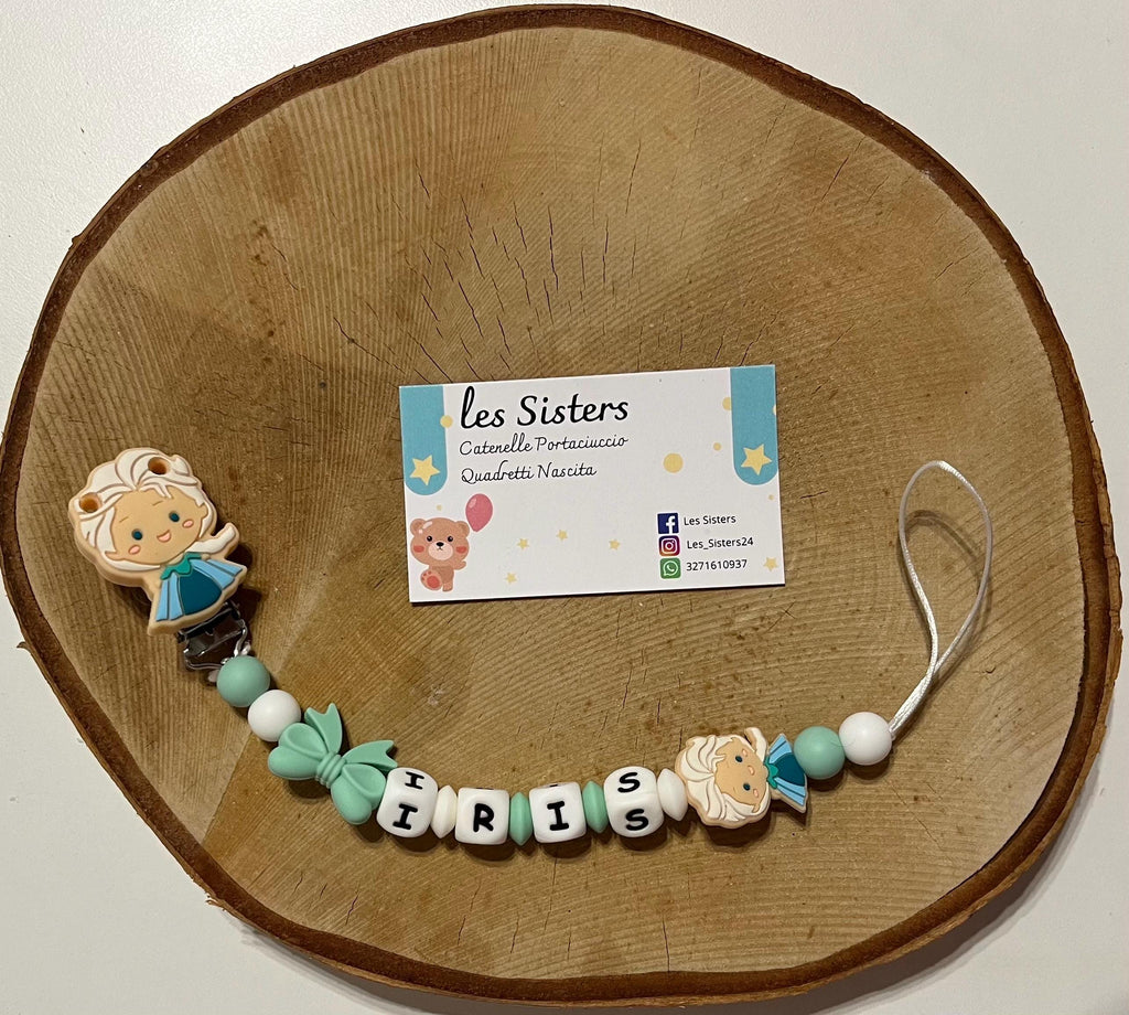 Portaciuccio principesse, Catenella personalizzata, Portaciuccio con nome, Portaciuccio in silicone