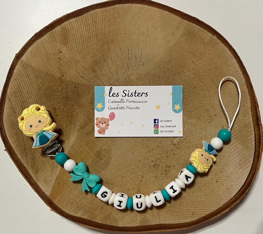 Portaciuccio principesse, Catenella personalizzata, Portaciuccio con nome, Portaciuccio in silicone