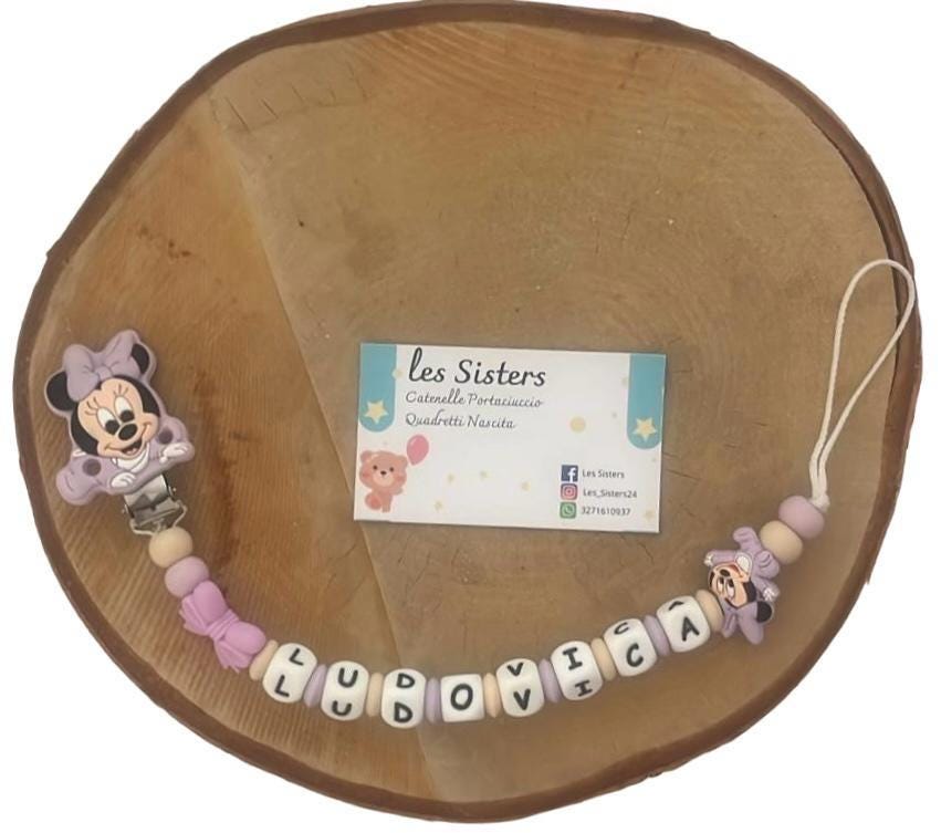 Portaciuccio Minnie, Catenella personalizzata, Portaciuccio con nome, Portaciuccio in silicone