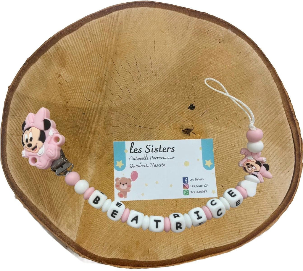 Portaciuccio Minnie, Catenella personalizzata, Portaciuccio con nome, Portaciuccio in silicone