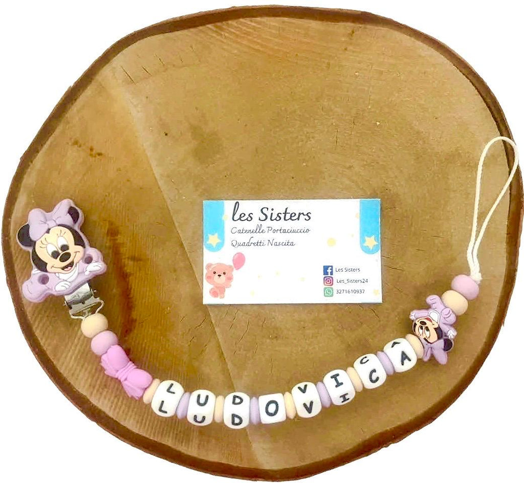 Portaciuccio Minnie, Catenella personalizzata, Portaciuccio con nome, Portaciuccio in silicone