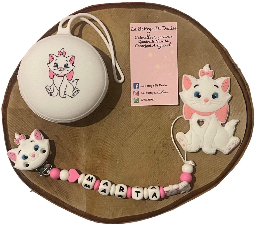 Portaciuccio Minou, Catenella personalizzata, Portaciuccio con nome, Portaciuccio in silicone