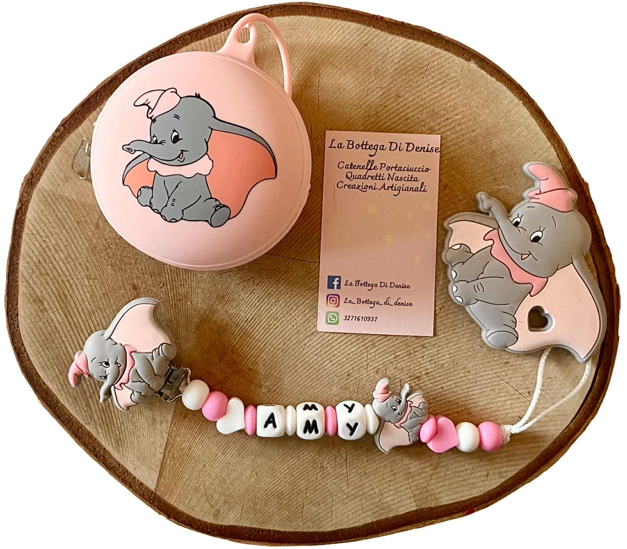 Portaciuccio Dumbo, Catenella personalizzata, Portaciuccio con nome, Portaciuccio in silicone