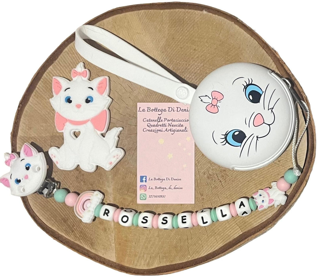 Portaciuccio Minou, Catenella personalizzata, Portaciuccio con nome, Portaciuccio in silicone