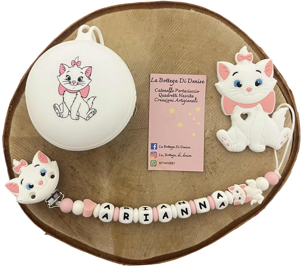Portaciuccio Minou, Catenella personalizzata, Portaciuccio con nome, Portaciuccio in silicone