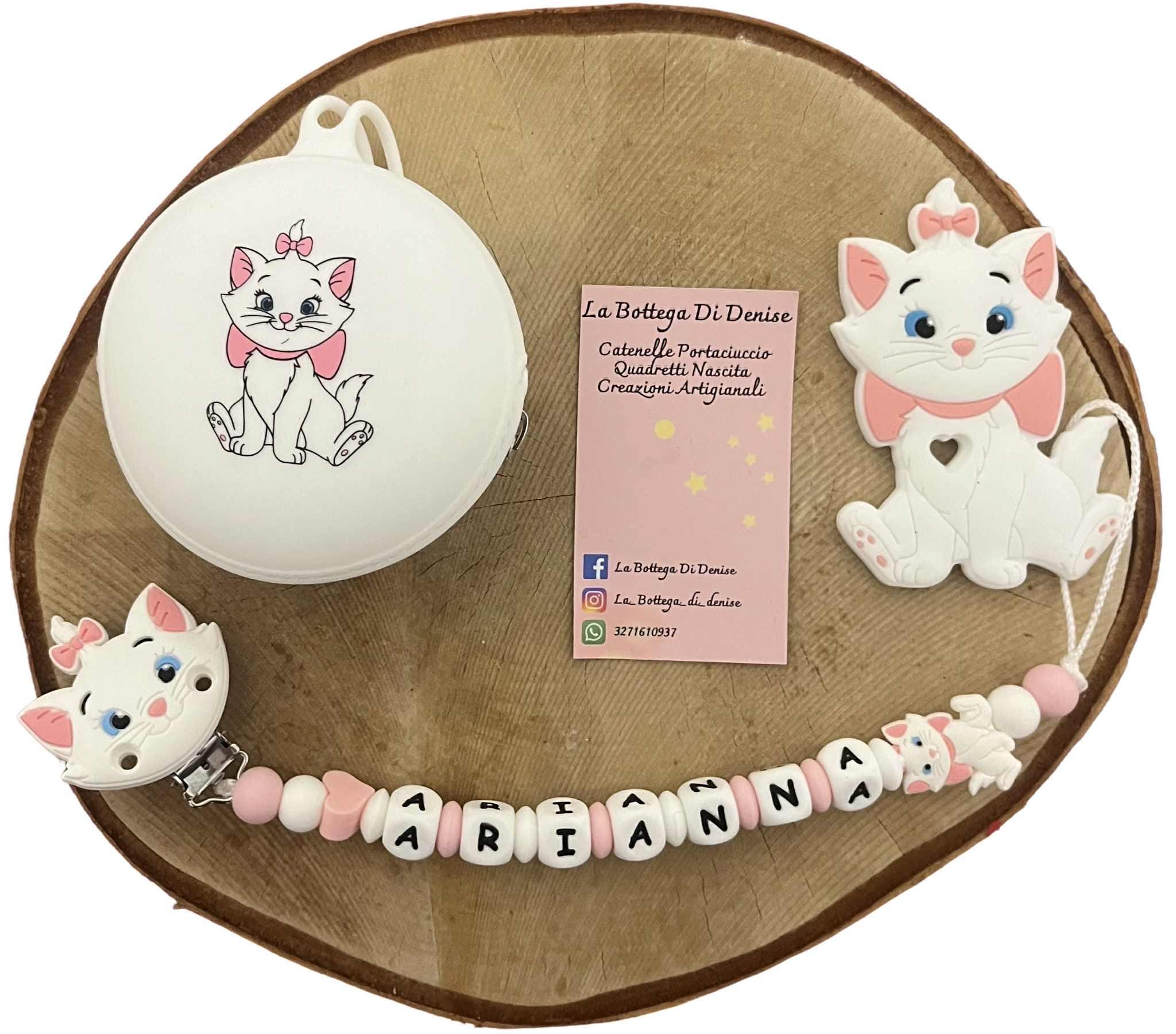 Portaciuccio Minou, Catenella personalizzata, Portaciuccio con nome, Portaciuccio in silicone