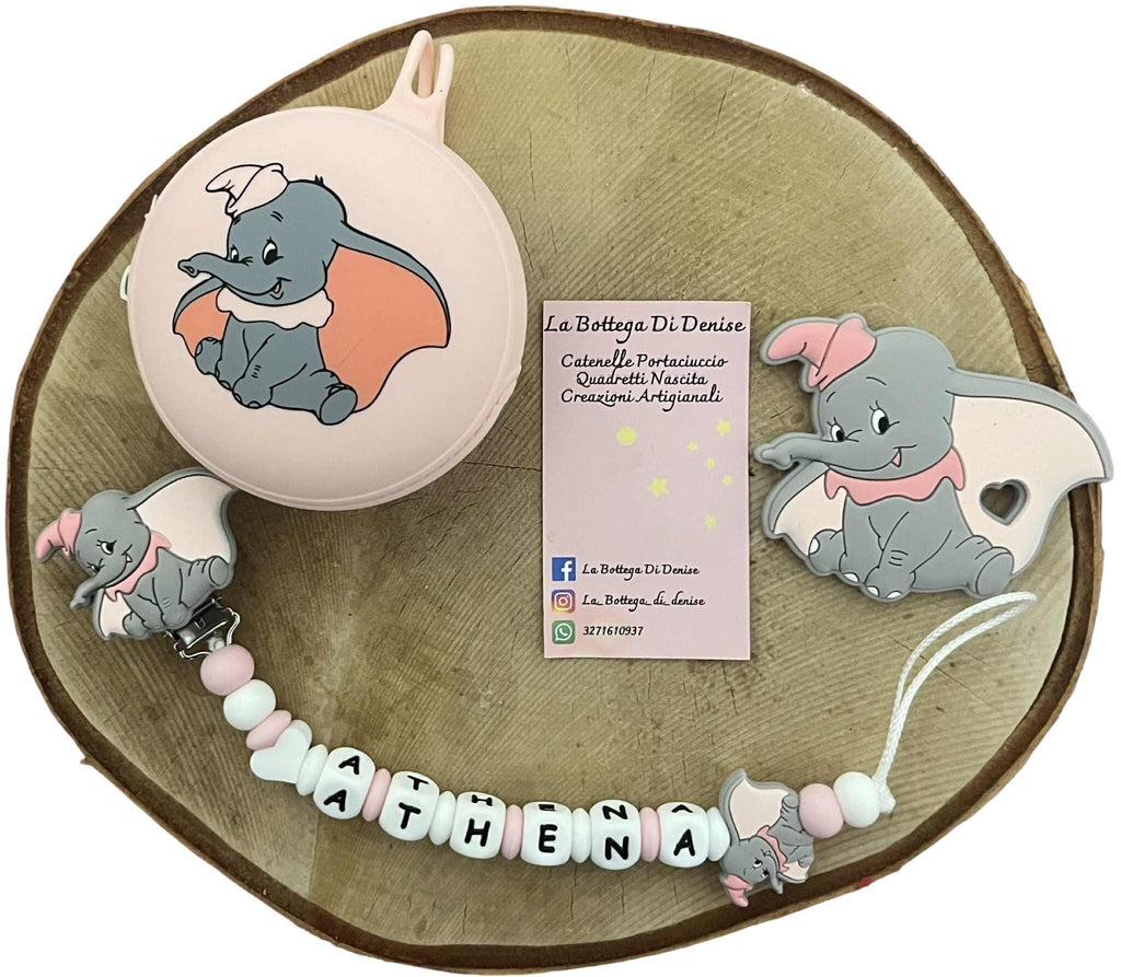 Portaciuccio Dumbo, Catenella personalizzata, Portaciuccio con nome, Portaciuccio in silicone