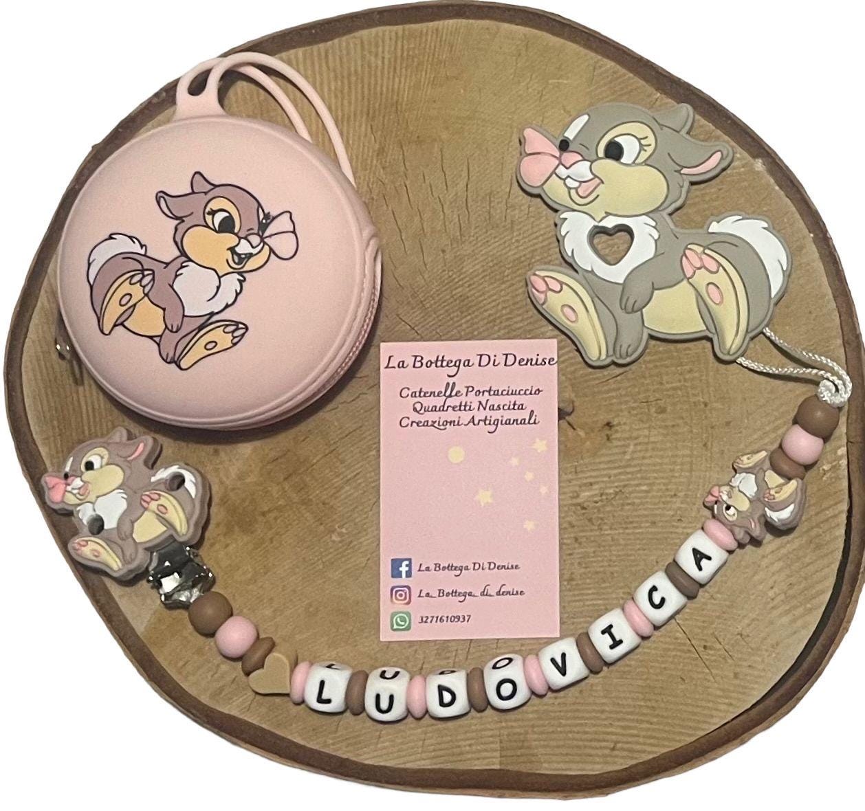 Portaciuccio Tamburina, Catenella personalizzata, Portaciuccio con nome, Portaciuccio in silicone
