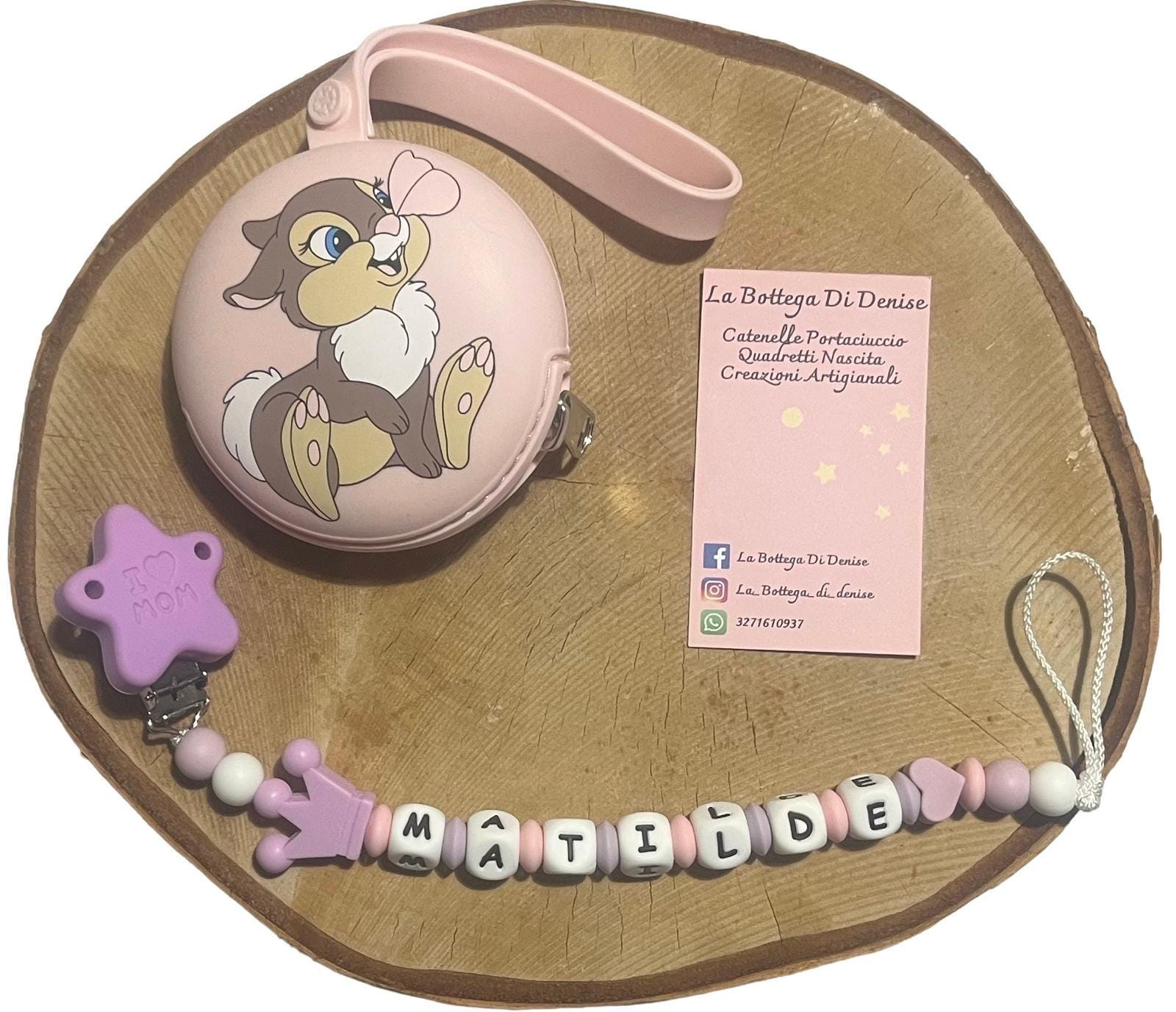 Portaciuccio Tamburina, Catenella personalizzata, Portaciuccio con nome, Portaciuccio in silicone