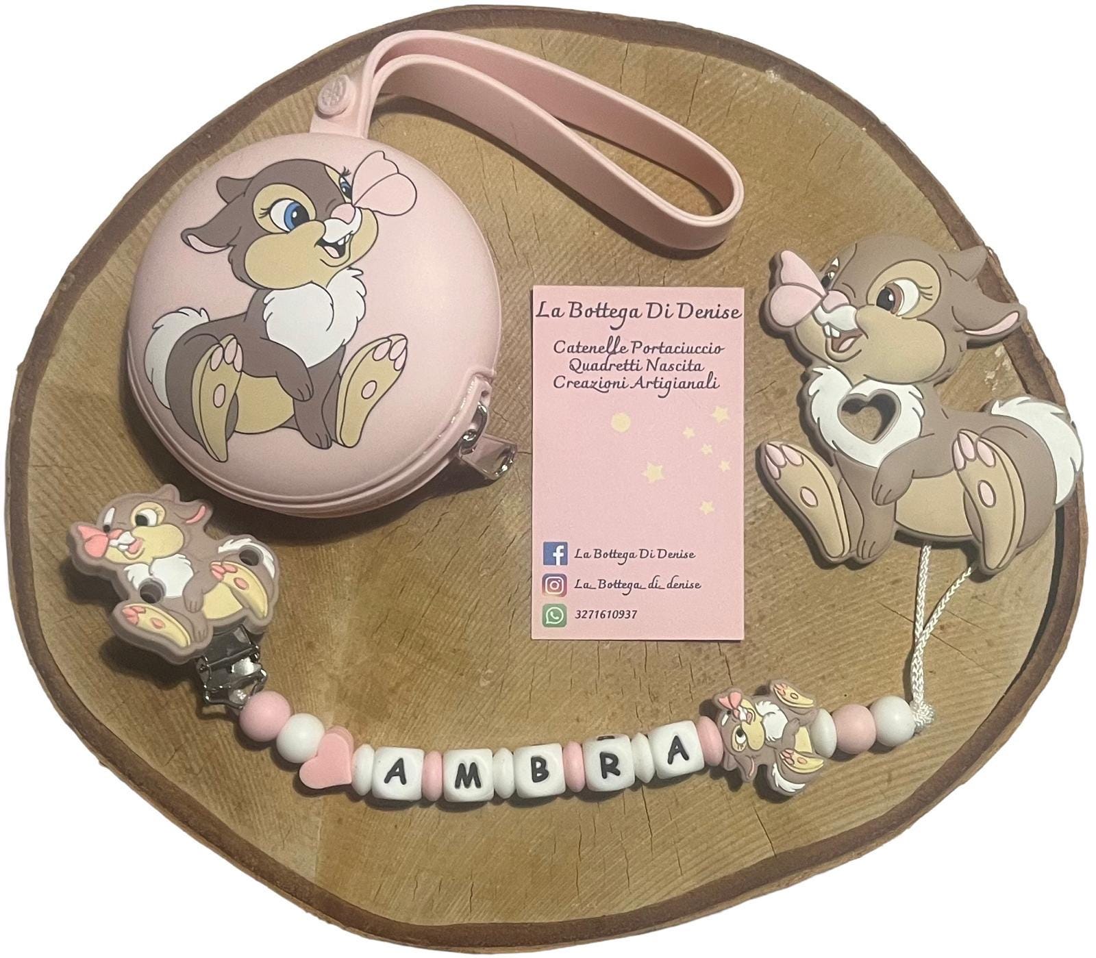 Portaciuccio Tamburina, Catenella personalizzata, Portaciuccio con nome, Portaciuccio in silicone