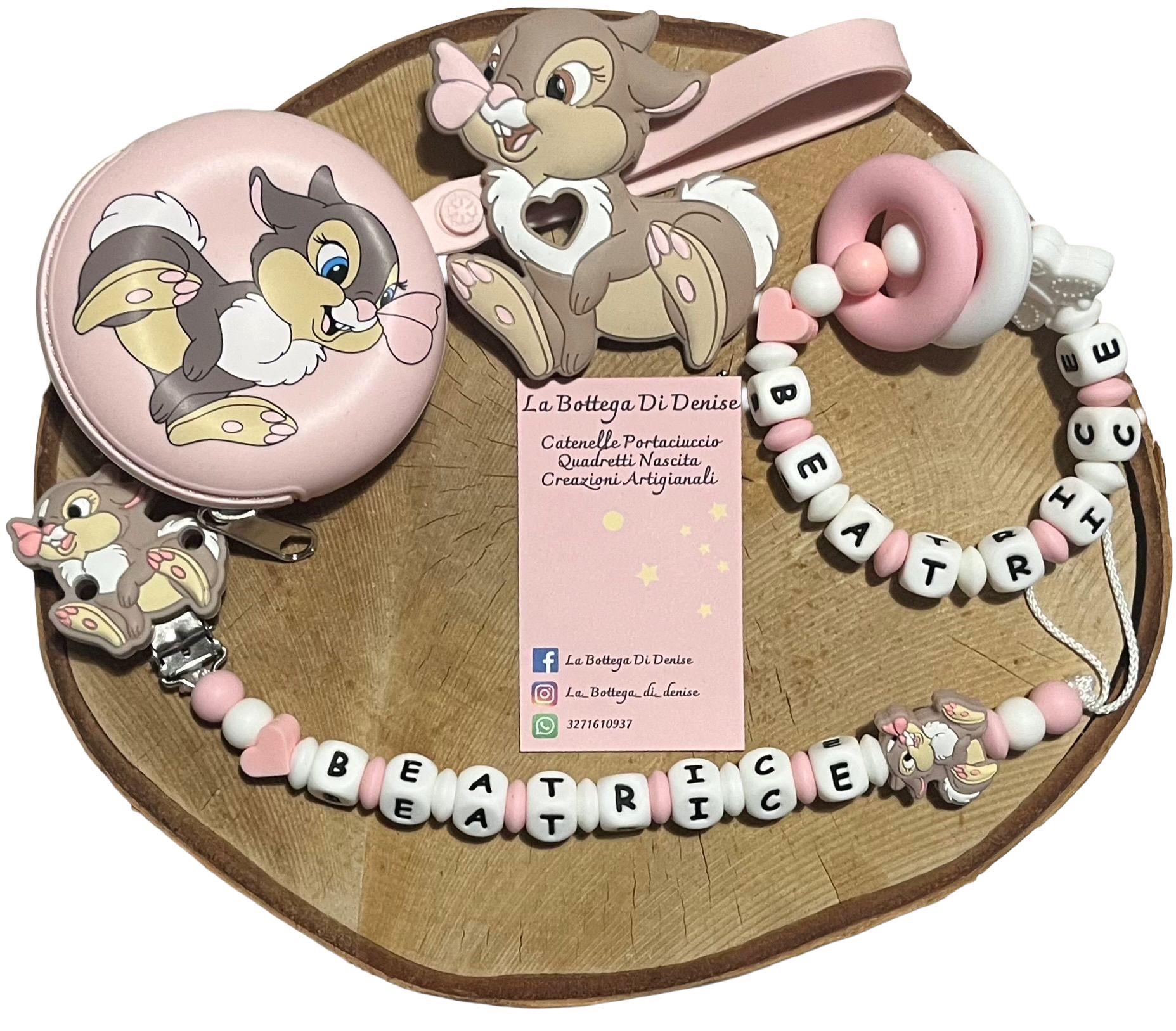 Portaciuccio Tamburina, Catenella personalizzata, Portaciuccio con nome, Portaciuccio in silicone