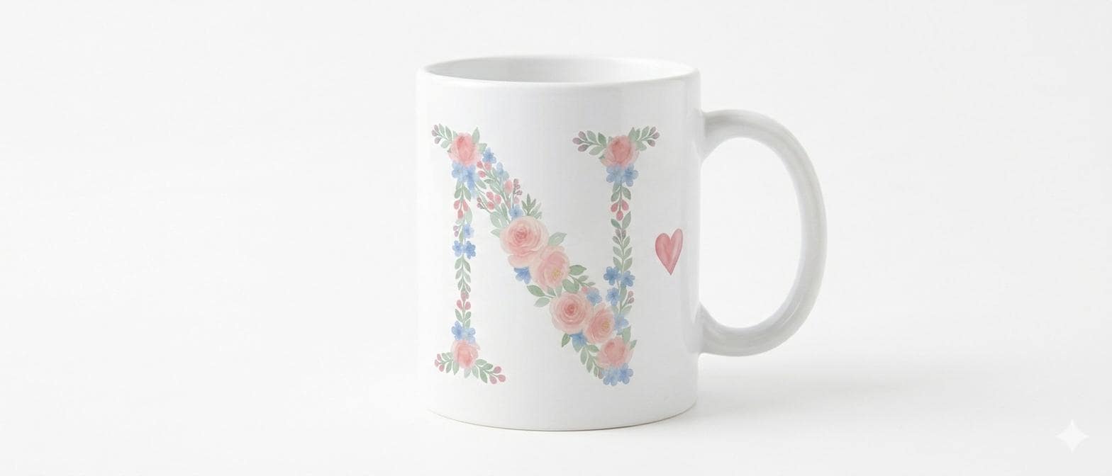 Tazza personalizzata con iniziale, Grafica floreale acquerello