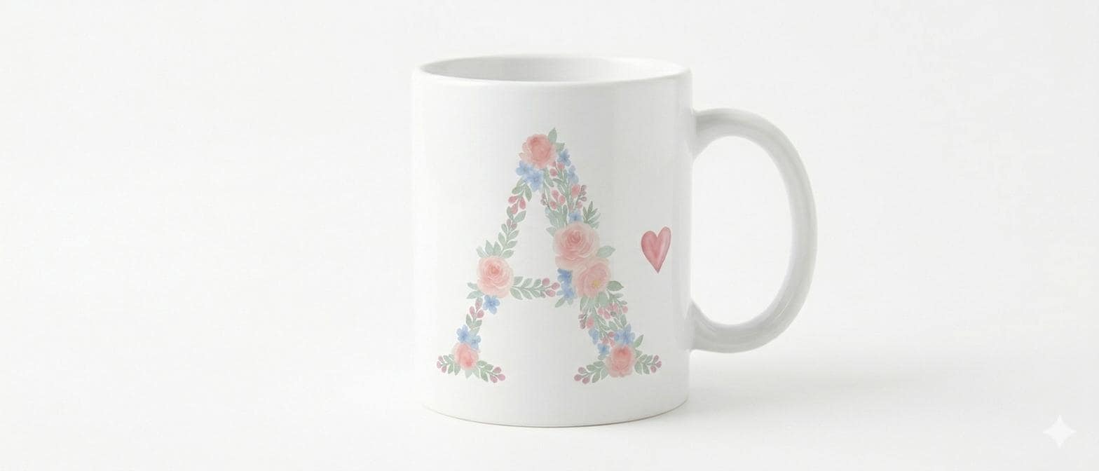 Tazza personalizzata con iniziale, Grafica floreale acquerello