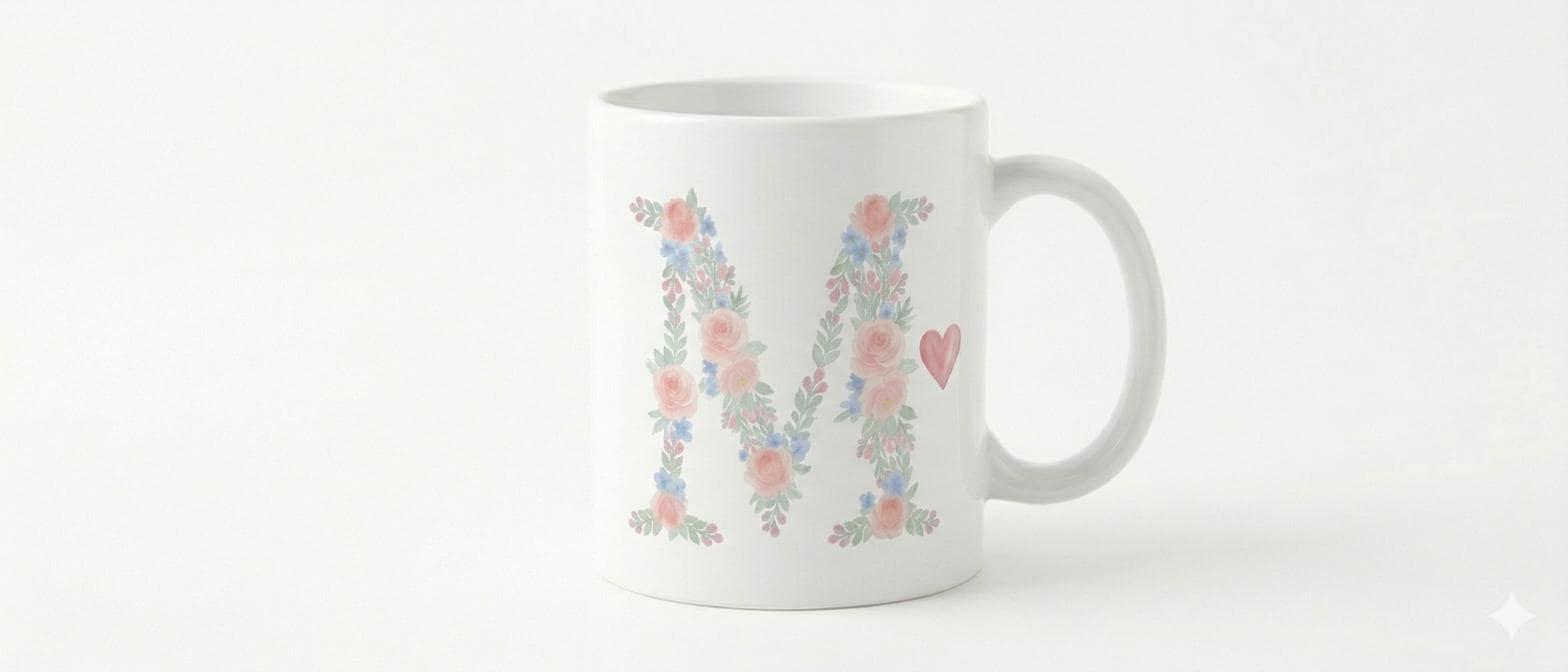 Tazza personalizzata con iniziale, Grafica floreale acquerello