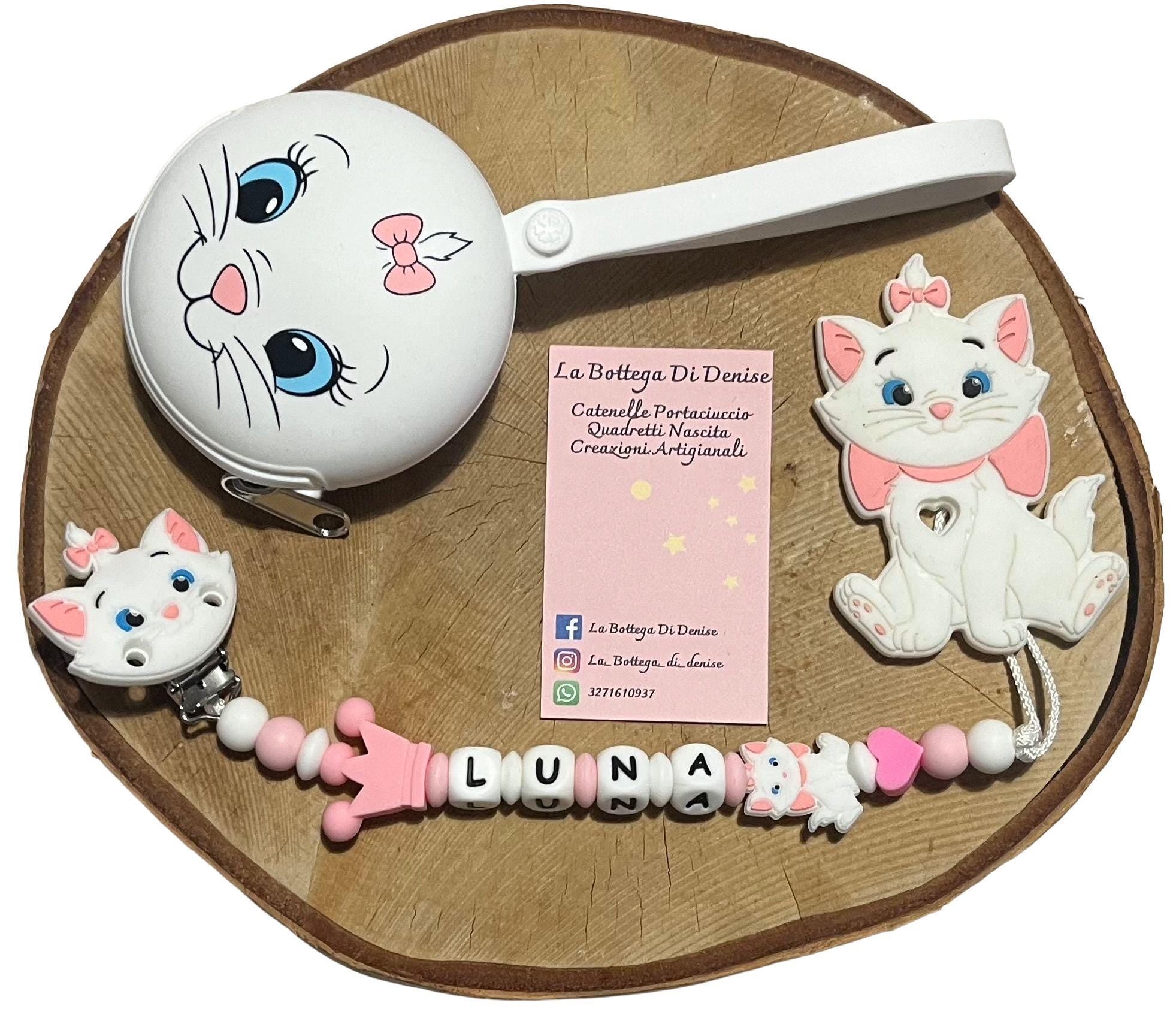 Portaciuccio Minou, Catenella personalizzata, Portaciuccio con nome, Portaciuccio in silicone