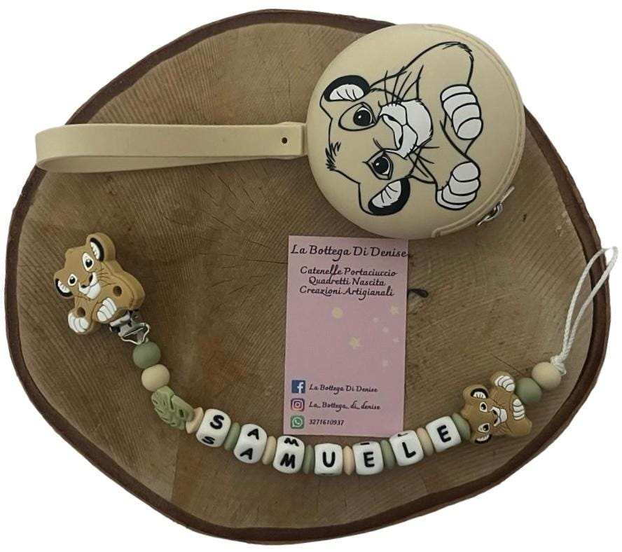 Portaciuccio Re Leone, Simba, Catenella personalizzata, Portaciuccio con nome, Portaciuccio in silicone