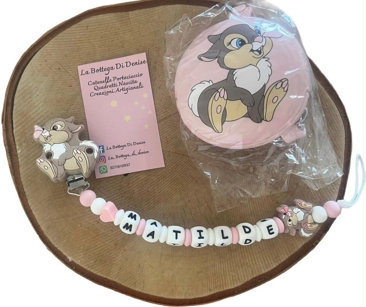 Portaciuccio Tamburina, Catenella personalizzata, Portaciuccio con nome, Portaciuccio in silicone