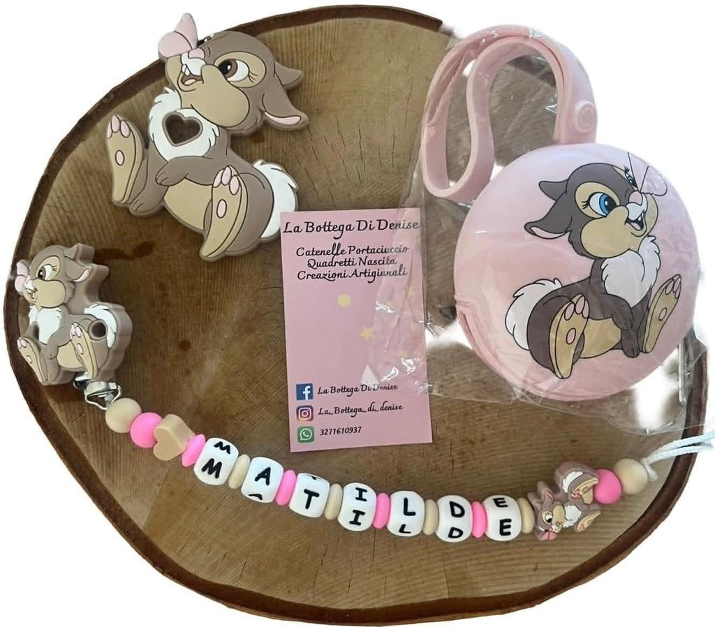 Portaciuccio Tamburina, Catenella personalizzata, Portaciuccio con nome, Portaciuccio in silicone